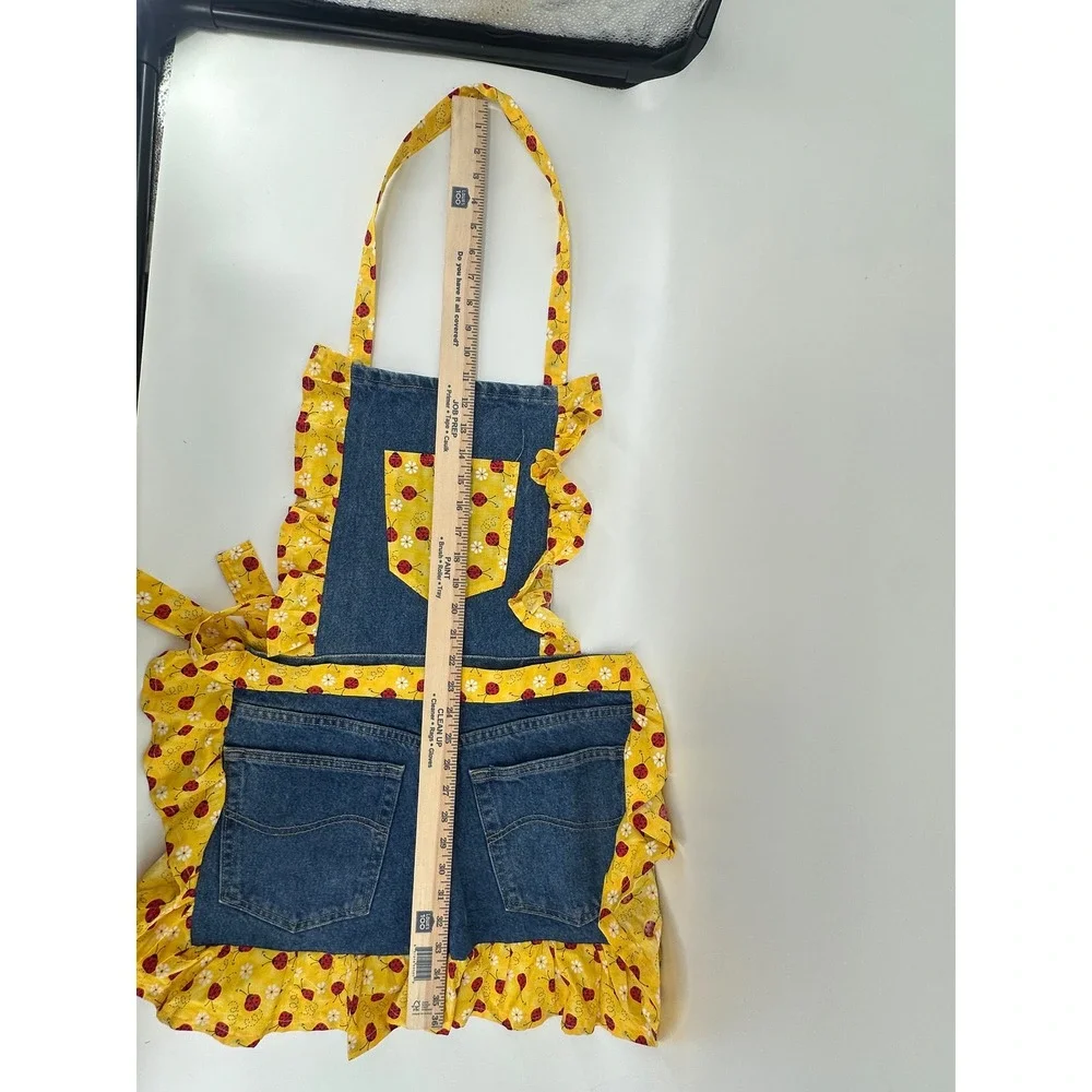 Handmade Denim Kitchen Apron Ladybug Ruffle Lee Jeans Repurposed Cottagecore